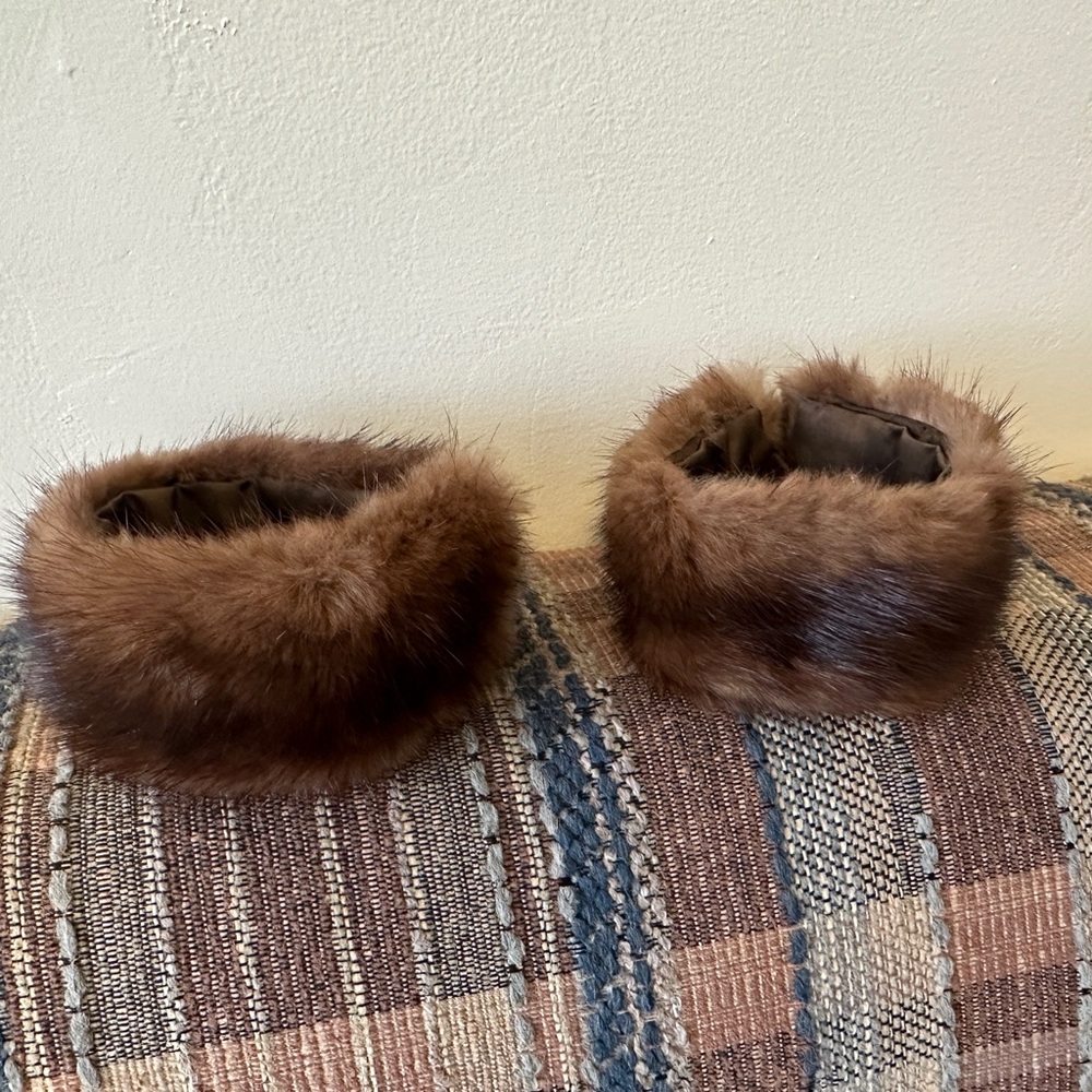 Vintage Pair of Brown Mink Fur and Silk Wristlets / Cuff Ends